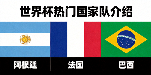 世界杯热门国家队介绍图片 - 阿根廷、法国、巴西等球队旗帜组合
